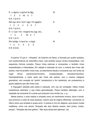 É - o /do/ce- a /ro/ma/ da /flor,
1

2

3

45

6

M

7

E.R. 7 (2-4-7)
São /nu/ vens / dum / céu / d’A /gos(to),
1

2

3

4

5

6

N

7

E.R. 7 (2-5-7)
É - o / que / me - ins/pi/ra/ teu /ros (to)...
1

2

3

45

6

N

7

E.R. 7 (4-7)
Sim /pa/tia - é /qua/ se - a /mor!
1

2

3

4

5

M

6

E.R. 6 (3-6)

O poema “O que é – Simpatia”, de Casimiro de Abreu, é formado por quatro sextetos,
com predominância de redondilha maior, mas também possui versos hexassílabos, com
esquemas rítmicos variados. Possui rimas externas e consoantes, e também rimas
emparelhadas e interpoladas. Em relação à extensão do som, a maioria das rimas são
pobres, mas há também rimas ricas, se estendendo desde a consoante que vem antes da
vogal

tônica

(sentimento/momento,

coração/atração,

nascidos/crescidos).

Gramaticalmente, a maior parte das rimas são pobres, com a mesma categoria
gramatical, com exceção de “jardim” (substantivo) e fim (advérbio), ais (substantivo) e
iguais (adjetivo) que são rimas ricas.
A linguagem adotada pelo poeta é coloquial, com uso de conotação. Utiliza muitos
substantivos abstratos, o que indica generalização. Possui também aliteração, com a
repetição da consoante S e outras que produzem som similar (sc, c, ç).
Nesse poema, o autor explica a simpatia como um sentimento sincero, doce e bonito,
que promove a união de duas pessoas, mesmo que de origens diferentes, concluindo no
último verso que simpatia é quase amor. O poema é rico em alegoria, pois possui muitas
metáforas, como nos versos “Simpatia são dois olhares acesos, bem juntos, unidos,
presos”, “Simpatia são dois galhos”, “São duas almas bem gêmeas”, etc.

 
