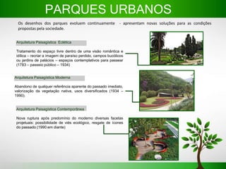 PARQUES URBANOS
Arquitetura Paisagística Moderna
Abandono de qualquer referência aparente do passado imediato,
valorização da vegetação nativa, usos diversificados (1934 –
1990).
Arquitetura Paisagística Contemporânea
Nova ruptura após predomínio do moderno diversas facetas
projetuais: possibilidade de viés ecológico, resgate de ícones
do passado (1990 em diante)
Os desenhos dos parques evoluem continuamente - apresentam novas soluções para as condições
propostas pela sociedade.
Arquitetura Paisagística Eclética
Tratamento do espaço livre dentro de uma visão romântica e
idílica – recriar a imagem de paraíso perdido, campos bucólicos
ou jardins de palácios – espaços contemplativos para passear
(1783 – passeio público – 1934)
 