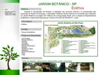 JARDIM BOTÂNICO - SP
Linha Projetual:
Eclético.
Tipologia:
Parque Zoobotânico
Estrutura:
Conta com pérgulas, mesas, bancos, lixeiras pórtico, ponte e cercamento.
Programa de Necessidades:
-Lanchonete
-Museu Botânico
-Estufas
-Cascata
-Sanitários
-Espaço piquenique
-Mirante
-Espelho d’ água
-Bilheteria
-Espaço bebedouro
-Bica
-Lago
Histórico: Eclético
Visando à recuperação da floresta, à utilização dos recursos hídricos e à preservação das
nascentes do Riacho do Ipiranga, o naturalista Frederico Carlos Hoehne foi convidado para implantar
um Jardim Botânico na região. Em 1938 se dá a inauguração oficial, com a criação do Departamento
de Botância, responsável pelo parque. Possui uma área de 360.000 m2 , autor -
Autor:
Idealizador: Frederico
Carlos Hoehne
Projeto original: Mario
Whately & Co. (1928)
 