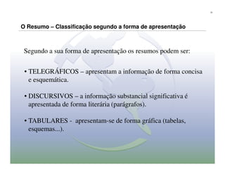 31




O Resumo – Classificação segundo a forma de apresentação



 Segundo a sua forma de apresentação os resumos podem ser:


 • TELEGRÁFICOS – apresentam a informação de forma concisa
   e esquemática.

 • DISCURSIVOS – a informação substancial significativa é
   apresentada de forma literária (parágrafos).

 • TABULARES - apresentam-se de forma gráfica (tabelas,
   esquemas...).
 