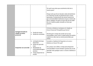 Por quê é que achas que socialmente não tem o
                                                    mesmo peso?

                                                    Porque acho que há um bocado a ideia de facilitismo
                                                    no e-learning, de não ser garantia de que o aluno       -
                                                    apreendeu o conhecimento da mesma maneira do
                                                    que numa faculdade tradicional, de que os testes são
                                                    fáceis, qualquer um passa, de que não tens de saber
                                                    de cor a matéria, podes consultar os livros que
                                                    quiseres...


                                                    O Ensino a Distância é vantajoso em relação ao
                                                    Ensino Presencial? Porquê/De que forma?
Vantagem do EaD em
                          •   Gestão de tempo
relação ao ensino                                   Permite gerir o tempo de acordo com as tuas             +
                          •   Gestão de conteúdos
presencial                                          necessidades, assim como a carga horária de matéria
                                                    conforme os dias mais ou menos preenchidos que
                                                    tenhas.
                          •   Limitação de tempo    Considera a hipótese de frequentar um curso a
                              disponível;           distância no futuro? Por quê?
                          •   Desejo de aprender
                              mais;
                                                    Sim, porque com 2 filhos o tempo para frequentar
Frequentar um curso EaD   •   Modalidade de                                                                 +
                                                    uma faculdade é muito limitado e gostava de um dia
                              ensino/aprendizagem
                              atrativa;             aprender mais qualquer coisa e o ensino à distância é
                          •   Tempo disponível ao   atractivo.
                              estudo.
 