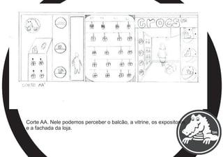 Corte AA. Nele podemos perceber o balcão, a vitrine, os expositores
e a fachada da loja.
 