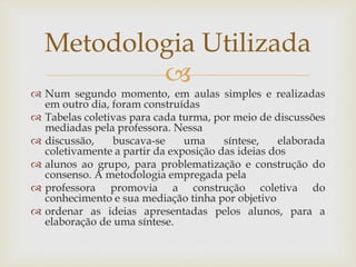 
 Num segundo momento, em aulas simples e realizadas
em outro dia, foram construídas
 Tabelas coletivas para cada turma, por meio de discussões
mediadas pela professora. Nessa
 discussão, buscava-se uma síntese, elaborada
coletivamente a partir da exposição das ideias dos
 alunos ao grupo, para problematização e construção do
consenso. A metodologia empregada pela
 professora promovia a construção coletiva do
conhecimento e sua mediação tinha por objetivo
 ordenar as ideias apresentadas pelos alunos, para a
elaboração de uma síntese.
Metodologia Utilizada
 