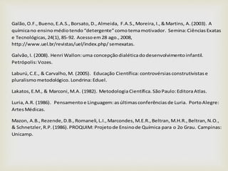 Galão, O.F., Bueno, E.A.S., Borsato, D., Almeida, F.A.S., Moreira, I., &Martins, A. (2003). A
químicano ensino médio tendo “detergente”como temamotivador. Semina:Ciências Exatas
e Tecnológicas, 24(1), 85-92. Acesso em 28 ago., 2008,
http://www.uel.br/revistas/uel/index.php/ semexatas.
Galvão, I. (2008). Henri Wallon:uma concepção dialéticado desenvolvimento infantil.
Petrópolis:Vozes.
Laburú, C.E., & Carvalho, M. (2005). Educação Científica: controvérsias construtivistas e
pluralismo metodológico. Londrina:Eduel.
Lakatos, E.M., & Marconi, M.A. (1982). MetodologiaCientífica. São Paulo:EditoraAtlas.
Luria, A.R. (1986). Pensamento e Linguagem: as últimas conferências de Luria. Porto Alegre:
Artes Médicas.
Mazon, A.B., Rezende, D.B., Romaneli, L.I., Marcondes, M.E.R., Beltran, M.H.R., Beltran, N.O.,
& Schnetzler, R.P. (1986). PROQUIM: Projeto de Ensino de Química para o 2o Grau. Campinas:
Unicamp.
 