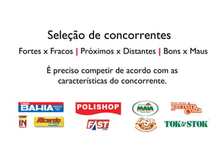 Seleção de concorrentes Fortes x Fracos  |  Próximos x Distantes  |  Bons x Maus É preciso competir de acordo com as características do concorrente. 