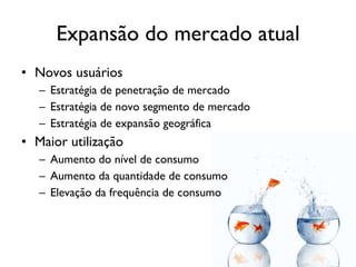 Expansão do mercado atual Novos usuários Estratégia de penetração de mercado Estratégia de novo segmento de mercado Estratégia de expansão geográfica Maior utilização Aumento do nível de consumo Aumento da quantidade de consumo Elevação da frequência de consumo 