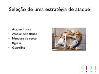 Seleção de uma estratégia de ataque Ataque frontal Ataque pelo flanco Manobra de cerco Bypass Guerrilha !  !  !  ! 