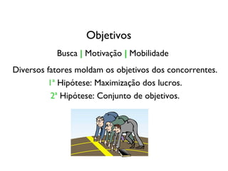 Objetivos Busca   |  Motivação  |  Mobilidade Diversos fatores moldam os objetivos dos concorrentes. 1ª  Hipótese: Maximização dos lucros. 2ª  Hipótese: Conjunto de objetivos. 