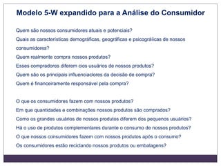Quem são nossos consumidores atuais e potenciais?
Quais as características demográficas, geográficas e psicográíicas de nossos
consumidores?
Quem realmente compra nossos produtos?
Esses compradores diferem cios usuários de nossos produtos?
Quem são os principais influenciaclores da decisão de compra?
Quem é financeiramente responsável pela compra?
O que os consumidores fazem com nossos produtos?
Em que quantidades e combinações nossos produtos são comprados?
Como os grandes usuários de nossos produtos diferem dos pequenos usuários?
Há o uso de produtos complementares durante o consumo de nossos produtos?
O que nossos consumidores fazem com nossos produtos após o consumo?
Os consumidores estão reciclando nossos produtos ou embalagens?
Modelo 5-W expandido para a Análise do Consumidor
 