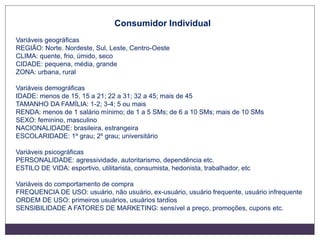Consumidor Individual
Variáveis geográficas
REGIÃO: Norte. Nordeste, Sul, Leste, Centro-Oeste
CLIMA: quente, frio, úmido, seco
CIDADE: pequena, média, grande
ZONA: urbana, rural
Variáveis demográficas
IDADE: menos de 15, 15 a 21; 22 a 31; 32 a 45; mais de 45
TAMANHO DA FAMÍLIA: 1-2; 3-4; 5 ou mais
RENDA: menos de 1 salário mínimo; de 1 a 5 SMs; de 6 a 10 SMs; mais de 10 SMs
SEXO: feminino, masculino
NACIONALIDADE: brasileira, estrangeira
ESCOLARIDADE: 1º grau; 2º grau; universitário
Variáveis psicográficas
PERSONALIDADE: agressividade, autoritarismo, dependência etc.
ESTILO DE VIDA: esportivo, utilitarista, consumista, hedonista, trabalhador, etc
Variáveis do comportamento de compra
FREQUENCIA DE USO: usuário, não usuário, ex-usuário, usuário frequente, usuário infrequente
ORDEM DE USO: primeiros usuários, usuários tardios
SENSIBILIDADE A FATORES DE MARKETING: sensível a preço, promoções, cupons etc.
 