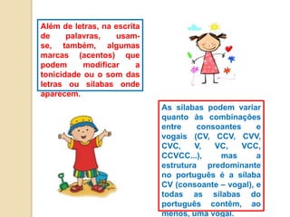 Além de letras, na escrita
de
palavras,
usamse, também, algumas
marcas (acentos) que
podem
modificar
a
tonicidade ou o som das
letras ou sílabas onde
aparecem.
As sílabas podem variar
quanto às combinações
entre
consoantes
e
vogais (CV, CCV, CVV,
CVC,
V,
VC,
VCC,
CCVCC...),
mas
a
estrutura predominante
no português é a sílaba
CV (consoante – vogal), e
todas as sílabas do
português contêm, ao
menos, uma vogal.

 