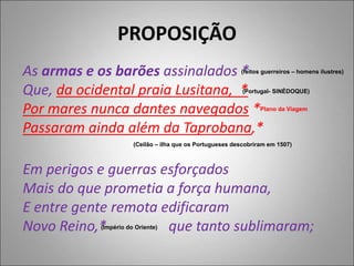 PROPOSIÇÃO
As armas e os barões assinalados *
Que, da ocidental praia Lusitana, *
Por mares nunca dantes navegados *
Passaram ainda além da Taprobana,*
Em perigos e guerras esforçados
Mais do que prometia a força humana,
E entre gente remota edificaram
Novo Reino,* que tanto sublimaram;
(feitos guerreiros – homens ilustres)
(Portugal- SINÉDOQUE)
(Ceilão – ilha que os Portugueses descobriram em 1507)
Plano da Viagem
(Império do Oriente)
 