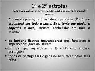 1ª e 2ª estrofes
Pode esquematizar-se o conteúdo dessas duas estrofes da seguinte
maneira:
Através da poesia, se tiver talento para isso, (Cantando
espalharei por toda a parte, Se a tanto me ajudar o
engenho e arte), tornarei conhecidos em todo o
mundo:
 os homens ilustres (navegadores) que fundaram o
império português do Oriente;
 os reis, que expandiram a fé cristã e o império
português;
 todos os portugueses dignos de admiração pelos seus
feitos.
 