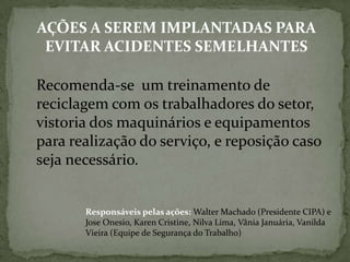 AÇÕES A SEREM IMPLANTADAS PARA
EVITAR ACIDENTES SEMELHANTES

Recomenda-se um treinamento de
reciclagem com os trabalhadores do setor,
vistoria dos maquinários e equipamentos
para realização do serviço, e reposição caso
seja necessário.

Responsáveis pelas ações: Walter Machado (Presidente CIPA) e
Jose Onesio, Karen Cristine, Nilva Lima, Vânia Januária, Vanilda
Vieira (Equipe de Segurança do Trabalho)

 
