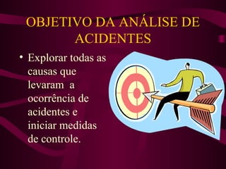 OBJETIVO DA ANÁLISE DE
ACIDENTES
• Explorar todas as
causas que
levaram a
ocorrência de
acidentes e
iniciar medidas
de controle.

 