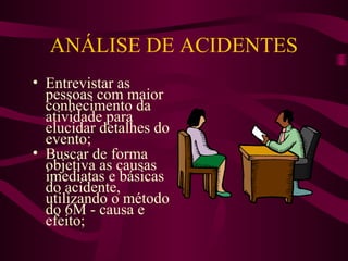 ANÁLISE DE ACIDENTES
• Entrevistar as
pessoas com maior
conhecimento da
atividade para
elucidar detalhes do
evento;
• Buscar de forma
objetiva as causas
imediatas e básicas
do acidente,
utilizando o método
do 6M - causa e
efeito;

 