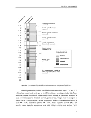 ANÁLISE DE AGRUPAMENTOS
35
Figura 3.5.: Perfil estratigráfico da Cerâmica Montreal (Fazenda São Caetano/Jundiai,SP)
A amostragem foi executada nos 6 níveis descritos e identificadas como 6J, 4J, 5J, 3J, 2J
e 1J, da base para o topo), sendo que no nível 5 foi replicada a amostragem (5aJ e 5bJ). Foram
analisadas diversas propriedades desse material como: umidade de prensagem, absorção de
água, porosidade aparente, densidade aparente, perda ao fogo, retração linear na secagem, na
queima parcial e na queima total e tensão à ruptura por flexão. Para as variáveis absorção de
água (AA - em %), porosidade aparente (PA - em %), massa específica aparente (MEA - em
g/cm3
) e massa específica aparente da parte sólida (MEAS - g/cm3
), perda ao fogo (%PF),
 