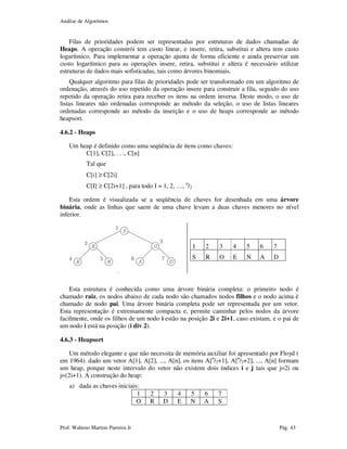 Análise de Algoritmos
Prof. Walteno Martins Parreira Jr Pág. 43
Filas de prioridades podem ser representadas por estruturas de dados chamadas de
Heaps. A operação constrói tem custo linear, e insere, retira, substitui e altera tem custo
logarítmico. Para implementar a operação ajunta de forma eficiente e ainda preservar um
custo logarítmico para as operações insere, retira, substitui e altera é necessário utilizar
estruturas de dados mais sofisticadas, tais como árvores binomiais.
Qualquer algoritmo para filas de prioridades pode ser transformado em um algoritmo de
ordenação, através do uso repetido da operação insere para construir a fila, seguido do uso
repetido da operação retira para receber os itens na ordem inversa. Deste modo, o uso de
listas lineares não ordenadas corresponde ao método da seleção, o uso de listas lineares
ordenadas corresponde ao método da inserção e o uso de heaps corresponde ao método
heapsort.
4.6.2 - Heaps
Um heap é definido como uma seqüência de itens como chaves:
C[1], C[2], . . ., C[n]
Tal que
C[i] ≥ C[2i]
C[I] ≥ C[2i+1] , para todo I = 1, 2, …, n
/2
Esta ordem é visualizada se a seqüência de chaves for desenhada em uma árvore
binária, onde as linhas que saem de uma chave levam a duas chaves menores no nível
inferior.
1 2 3 4 5 6 7
S R O E N A D
Esta estrutura é conhecida como uma árvore binária completa: o primeiro nodo é
chamado raiz, os nodos abaixo de cada nodo são chamados nodos filhos e o nodo acima é
chamado de nodo pai. Uma árvore binária completa pode ser representada por um vetor.
Esta representação é extremamente compacta e, permite caminhar pelos nodos da árvore
facilmente, onde os filhos de um nodo i estão na posição 2i e 2i+1, caso existam, e o pai de
um nodo i está na posição (i div 2).
4.6.3 - Heapsort
Um método elegante e que não necessita de memória auxiliar foi apresentado por Floyd (
em 1964). dado um vetor A[1], A[2], ..., A[n], os itens A[n
/2+1], A[n
/2+2], ..., A[n] formam
um heap, porque neste intervalo do vetor não existem dois índices i e j tais que j=2i ou
j=(2i+1). A construção do heap:
a) dada as chaves iniciais:
1 2 3 4 5 6 7
O R D E N A S
 