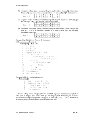 Análise de Algoritmos
Prof. Walteno Martins Parreira Jr Pág. 44
b) estendendo o heap para a esquerda (Esq=3), englobando o item A[3], pai dos itens
A[6] e A[7], aqui a condição do heap é violada e os itens A[3] e A[7] são trocados;
1 2 3 4 5 6 7
O R S E N A D
c) a seguir o heap é estendido novamente a esquerda (Esq=2) incluindo o item A[2], pai
dos itens A[4] e A[5], que atendem a condição do heap.
1 2 3 4 5 6 7
O R S E N A D
d) finalmente, estendendo o heap a esquerda (Esq= 1), englobando o item A[1], pai dos
itens A[2] e A[3], a condição é violada e os itens A[1] e A[3] são trocados,
encerrando o processo.
1 2 3 4 5 6 7
S R O E N A D
Entradas: Esq, Dir (inteiro), A (vetor de elementos)
Saída: A (vetor de elementos)
refaz(esq, dir, A)
1 i ← esq;
2 j ← 2 * i;
3 x ← A[i];
4 Enquanto j ≤ dir faca
5 Se j < dir
6 Então Se A[j] < A[j+1]
7 Entao j ← j + 1;
8 Se x ≥ A[j]
9 Então vá para 999;
10 A[i] ← A[j];
11 i ← j;
12 j ← 2 * i;
13 fim-enquanto;
14 999: A[i] ← x;
Entrada e Saída: A (vetor de elementos)
Constroi(A)
1 Esq ← (n div 2) + 1;
2 Enquanto esq > 1 faca
3 Esq ← esq – 1;
4 Refaz (esq, n, A);
5 fim-enquanto;
Usando o heap obtido pelo procedimento constrói, pega-se o elemento na posição 1 do
vetor (raiz do heap) e troca com o item que está na posição n do vetor.Agora usando o
procedimento refaz para reorganizar o heap para os itens A[1], A[2], ..., A[n-1]. Repete-se as
duas operações sucessivamente até que reste apenas um item.
Esq = 3
Esq = 2
Esq = 1
 