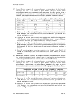 Análise de Algoritmos
Prof. Walteno Martins Parreira Jr Pág. 49
17) Desenvolvemos um grupo de programas baseados em um conjunto de algoritmos de
ordenação de listas, e ao executá-los para algumas situações iniciais, foram
determinados índices relativos para o tempo gasto, onde para cada situação inicial o
mais rápido recebeu o valor um e os outros proporcionalmente a este. Baseando-se nos
dados da tabela fornecida e nos conceitos estudados, responda as perguntas abaixo.
Tempos proporcionais para ordenação de 5000 elementos
Algoritmo Aleatória Ascendente Descendente
Inserção 87 1 305
Seleção 124 1524 221
Shellsort 1.6 6.8 1.5
Quicksort 1 6.3 1
Heapsort 1.6 20.8 2.7
a) Se tivesse de escolher um algoritmo para ordenar uma lista de aproximadamente
6000 elementos com a situação de ordenação inicial indefinida, qual método você
usaria? Justifique a resposta.
b) Se tivesse de escolher um algoritmo para ordenar uma lista de aproximadamente
4000 elementos com a situação de ordenação inicial ascendente e com possibilidades
de continuar crescendo, qual método você usaria? Justifique a resposta.
c) Se tivesse de escolher um algoritmo para ordenar uma lista de aproximadamente
6000 elementos com a situação de ordenação inicial indefinida, e em que o algoritmo
implementado do Quicksort não é confiável, qual método você usaria? Justifique a
resposta.
d) Supondo que o tempo gasto pelo programa quicksort na situação inicial aleatória foi
de 100 ms, qual o tempo de execução aproximado dos outros métodos na situação
aleatória.
18) Observando as tabelas da pagina 46 da apostila, responda. Se você tiver que escolher
um método de ordenação interna eficiente, para ser usado na ordenação de uma lista
com ordenação inicial indefinida, qual o método você usaria? Justifique.
19) Desenvolvemos um grupo de programas baseados em um conjunto de algoritmos de
ordenação de listas, e ao executá-los para algumas situações iniciais, foram
determinados o tempo gasto em milissegundos. Baseando-se nos dados da tabela
fornecida abaixo e nos conceitos estudados, responda as perguntas formuladas abaixo.
Ordenação de uma lista de 850 elementos (em ms)
Seleção Inserção ShellSort QuickSort HeapSort
Aleatória 506 571 500 402 483
Ascendente 700 544 840 809 951
Descendente 711 621 604 585 666
a) Se tivesse de escolher um algoritmo para ordenar uma lista de aproximadamente
1000 elementos com a situação de ordenação inicial indefinida, qual método você
usaria? Justifique a resposta.
b) Se tivesse de escolher um algoritmo para ordenar uma lista de aproximadamente
1000 elementos com a situação de ordenação inicial indefinida, qual método você
usaria? Justifique a resposta.
 