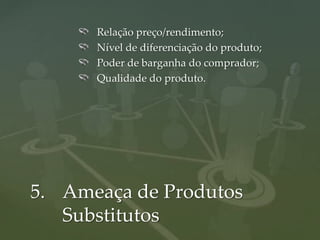 Relação preço/rendimento;
      Nível de diferenciação do produto;
      Poder de barganha do comprador;
      Qualidade do produto.




5. Ameaça de Produtos
   Substitutos
 