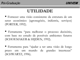 UTILIDADE 
 Fornecer uma visão consistente da estrutura de um 
setor econômico (agronegócio, indústria, serviços) 
(PORTER, 1992). 
 Ferramenta “para melhorar o processo decisório, 
com base no estudo de possíveis ambientes futuros 
(SCHOEMAKER & HIJDEN, 1992). 
 Ferramenta para “ajudar a ter uma visão de longo 
prazo em um mundo de grandes incertezas” 
(SCHWARTZ, 1996). 
 
