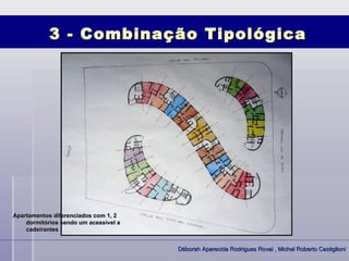 3 - Combinação Tipológica




Apartamentos diferenciados com 1, 2
    dormitórios sendo um acessível a
    cadeirantes


                                       Déborah Aparecida Rodrigues Rovai , Michel Roberto Castiglioni
 