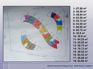 1- 57.88 m²
                                   2- 58.50 m²
                                   3- 49.84 m²
                                   4- 63.50 m²
                                   5- 53.13 m²
                                   6- 53.00 m²
                                   7- 66.00 m²
                                   8- 65.72 m²
                                   9- 39.9 m²
                                   10- 39.9 m²
                                   11- 64.25 m²
                                   12- 65.85 m²
                                   13- 59.75 m²
                                   14- 70.72 m²
                                   15- 48.52 m²
                                   16- 60.42 m²
                                   17- 56.99 m²
                                   18- 63.80 m²
Déborah Aparecida Rodrigues Rovai , Michel Roberto Castiglioni
 