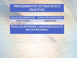 PROCEDIMENTOS SISTEMÁTICOS E
OBJETIVOS
ANÁLISE DOS SIGNIFICADOS ANÁLISE DOS SIGNIFICANTES
Análise temática Análise léxica
BUSCA-SE ENTENDER A MENSAGEM OCULTA
NAS ENTRELINHAS.
 