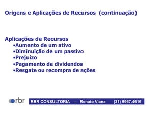 Origens e Aplicações de Recursos (continuação)
Aplicações de Recursos
•Aumento de um ativo
•Diminuição de um passivo
•Prejuízo
•Pagamento de dividendos
•Resgate ou recompra de ações
RBR CONSULTORIA – Renato Viana (31) 9967.4616
 