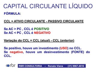 FÓRMULA:
CCL = ATIVO CIRCULANTE - PASSIVO CIRCULANTE
Se AC > PC , CCL é POSITIVO
Se AC < PC , CCL é NEGATIVO
Variação do CCL = CCL (atual) - CCL (anterior)
Se positivo, houve um investimento (USO) no CCL.
Se negativo, houve um desinvestimento (FONTE) do
CCL.
CAPITAL CIRCULANTE LÍQUIDO
RBR CONSULTORIA – Renato Viana (31) 9967.4616
 