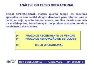 ANÁLISE DO CICLO OPERACIONAL
CICLO OPERACIONAL mostra quanto tempo os recursos
aplicados no seu capital de giro demoram para retornar para o
caixa, ou seja, quanto tempo demora, em dias, desde a entrada
da matéria-prima, transformação do produto acabado, venda e
recebimento dos clientes.
(+) PRAZO DE RECEBIMENTO DE VENDAS
(+) PRAZO DE RENOVAÇÃO DE ESTOQUES
(=) CICLO OPERACIONAL
RBR CONSULTORIA – Renato Viana (31) 9967.4616
 