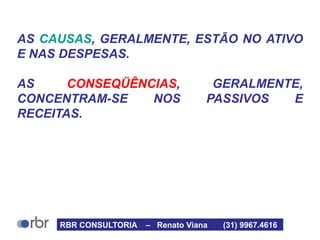 AS CAUSAS, GERALMENTE, ESTÃO NO ATIVO
E NAS DESPESAS.
AS CONSEQÜÊNCIAS, GERALMENTE,
CONCENTRAM-SE NOS PASSIVOS E
RECEITAS.
RBR CONSULTORIA – Renato Viana (31) 9967.4616
 