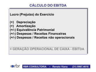 CÁLCULO DO EBITDA
Lucro (Prejuízo) do Exercício
(+) Depreciação
(+) Amortização
(+/-) Equivalência Patrimonial
(+/-) Despesas / Receitas Financeiras
(+/-) Despesas / Receitas não operacionais
= GERAÇÃO OPERACIONAL DE CAIXA - EBITDA
RBR CONSULTORIA – Renato Viana (31) 9967.4616
 