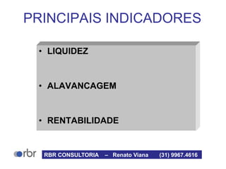 • LIQUIDEZ
• ALAVANCAGEM
• RENTABILIDADE
PRINCIPAIS INDICADORES
RBR CONSULTORIA – Renato Viana (31) 9967.4616
 
