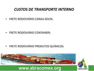 CUSTOS DE TRANSPORTE INTERNO
• FRETE RODOVIÁRIO CARGA SOLTA;
• FRETE RODOVIÁRIO CONTAINER;
• FRETE RODOVIÁRIO PRODUTOS QUÍMICOS.
 