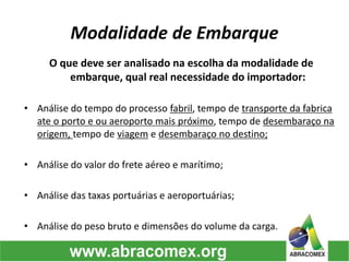Modalidade de Embarque
O que deve ser analisado na escolha da modalidade de
embarque, qual real necessidade do importador:
• Análise do tempo do processo fabril, tempo de transporte da fabrica
ate o porto e ou aeroporto mais próximo, tempo de desembaraço na
origem, tempo de viagem e desembaraço no destino;
• Análise do valor do frete aéreo e marítimo;
• Análise das taxas portuárias e aeroportuárias;
• Análise do peso bruto e dimensões do volume da carga.
 