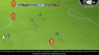 Os 2 volantes avançados no terreno de jogo e sem pressão para circular a bola, isso permite a criação de tabelas e passes em
profundidade.
 