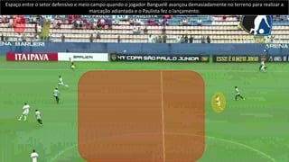 Em algumas situações que ocorreram principalmente no 1º jogo, o jogador Banguelê avança no terreno de jogo simultaneamente
com os 2 alas, deixando a defesa desprotegida e desequilibrada.
 