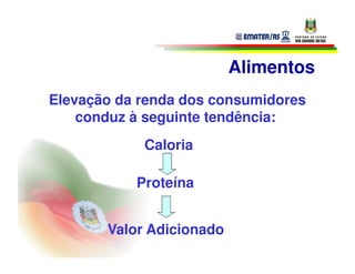 Alimentos
Elevação da renda dos consumidores
    conduz à seguinte tendência:
            Caloria

           Proteína


       Valor Adicionado
 