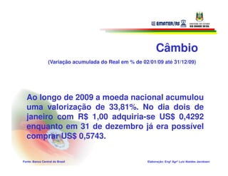 Câmbio
                 (Variação acumulada do Real em % de 02/01/09 até 31/12/09)




  Ao longo de 2009 a moeda nacional acumulou
  uma valorização de 33,81%. No dia dois de
  janeiro com R$ 1,00 adquiria-se US$ 0,4292
  enquanto em 31 de dezembro já era possível
  comprar US$ 0,5743.

Fonte: Banco Central do Brasil                          Elaboração: Engº Agrº Luiz Ataides Jacobsen
 