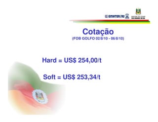 Cotação
         (FOB GOLFO 02/8/10 - 06/8/10)




Hard = US$ 254,00/t

Soft = US$ 253,34/t
 