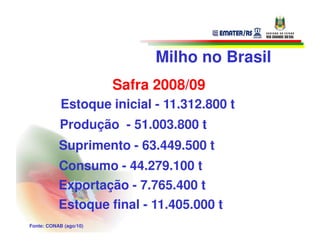 Milho no Brasil
                        Safra 2008/09
            Estoque inicial - 11.312.800 t
           Produção - 51.003.800 t
           Suprimento - 63.449.500 t
           Consumo - 44.279.100 t
           Exportação - 7.765.400 t
           Estoque final - 11.405.000 t
Fonte: CONAB (ago/10)
 