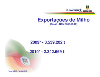 Exportações de Milho
                                         (Brasil - NCM 1005.90.10)




                              2009* - 3.539.202 t

                              2010* - 2.342.669 t



Fonte: MDIC - *jan/jul 2010
 