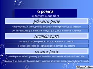 o poema
                             o homem e sua hora
                               primeira parte
        caos originário; o poeta, perdido e inquieto, interroga os mitos do passado
       por fim, descobre que a Grécia é a nação que guarda a poesia e a verdade


                               segunda parte
               caminhada histórico-poética: do caos faz nascer o Cosmos;

              o locutor, associado ao Pigmalião grego, começa seu trabalho


                                terceira parte
    finalização da estátua [poema], que concederá nova ordem ao que antes era Caos

a poesia é um instrumento quase divino q oferece ao homem outra maneira de ver o mundo
 
