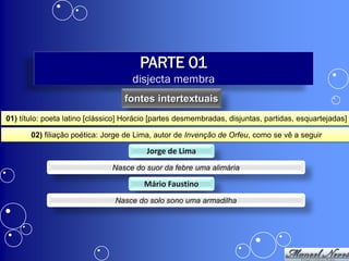 PARTE 01
                                     disjecta membra
                                   fontes intertextuais
01) título: poeta latino [clássico] Horácio [partes desmembradas, disjuntas, partidas, esquartejadas]

       02) filiação poética: Jorge de Lima, autor de Invenção de Orfeu, como se vê a seguir

                                         Jorge de Lima
                               Nasce do suor da febre uma alimária

                                        Mário Faustino
                                Nasce do solo sono uma armadilha
 