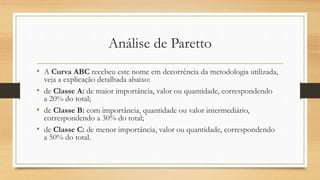 Análise de Paretto
• A Curva ABC recebeu este nome em decorrência da metodologia utilizada,
veja a explicação detalhada abaixo:
• de Classe A: de maior importância, valor ou quantidade, correspondendo
a 20% do total;
• de Classe B: com importância, quantidade ou valor intermediário,
correspondendo a 30% do total;
• de Classe C: de menor importância, valor ou quantidade, correspondendo
a 50% do total.
 