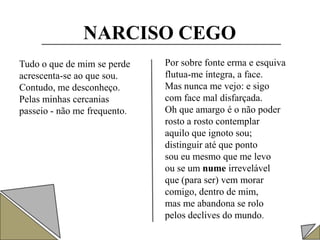 NARCISO CEGO
Tudo o que de mim se perde
acrescenta-se ao que sou.
Contudo, me desconheço.
Pelas minhas cercanias
passeio - não me frequento.
Por sobre fonte erma e esquiva
flutua-me íntegra, a face.
Mas nunca me vejo: e sigo
com face mal disfarçada.
Oh que amargo é o não poder
rosto a rosto contemplar
aquilo que ignoto sou;
distinguir até que ponto
sou eu mesmo que me levo
ou se um nume irrevelável
que (para ser) vem morar
comigo, dentro de mim,
mas me abandona se rolo
pelos declives do mundo.
 