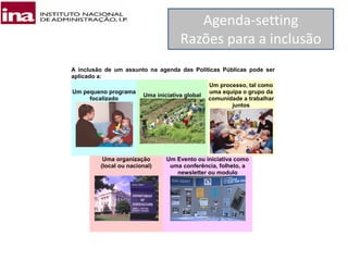 A inclusão de um assunto na agenda das Políticas Públicas pode ser
aplicado a:
Um pequeno programa
focalizado
Uma iniciativa global
Um processo, tal como
uma equipa o grupo da
comunidade a trabalhar
juntos
Uma organização
(local ou nacional)
Um Evento ou iniciativa como
uma conferência, folheto, a
newsletter ou modulo
Agenda-setting
Razões para a inclusão
 