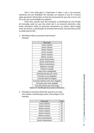 2.COMOREALIZARACONTAGEMDEPONTODEFUNÇÃO
1
9
Esta é uma visão geral, o importante é saber o que o seu processo
elementar tem por finalidade. Por exemplo, um cadastro é uma EE o mesmo
pode apresentar informações ao final do processamento que não o torna uma
CE ou SE, pois sua finalidade era cadastrar.
Outra dica, quando você não reconhece a classificação de uma função
de transação, pode ser que esta ainda não é um processo elementar, cabe
então reconhecer todos os processos elementares no interior desta função
antes de verificar a classificação em Entrada Externa (EE), Consulta Externa (CE)
ou Saída Externa (SE).
1. Identifique todos os processos elementares
Exemplo:
Descrição
Incluir Cliente
Excluir Cliente
Alterar Cliente
Incluir Usuário
Excluir Usuário
Alterar Usuário
Incluir Automóveis
Excluir Automóveis
Alterar Automóveis
Registrar Locação
Finalizar Locação
Login (com criptografia)
Consulta clientes por nome
Consulta carros alugados
Consulta data do aluguel
Consulta clientes com carro alugado
Consulta carro mais alugado
Consulta cliente que mais aluga
Tabela 2.12: Identificação dos processos elementares
2. Classifique o processo elementar quanto ao seu tipo
Para facilitar a identificação utilize o fluxo (figura 2.12).
Exemplo:
Descrição Tipo
Incluir Cliente EE
Excluir Cliente EE
Alterar Cliente EE
Incluir Usuário EE
Excluir Usuário EE
Alterar Usuário EE
Incluir Automóveis EE
Excluir Automóveis EE
 